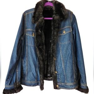 Dennis Basso Blue Jean Jacket with Black Faux Fur Trim- wore once. New condtion
